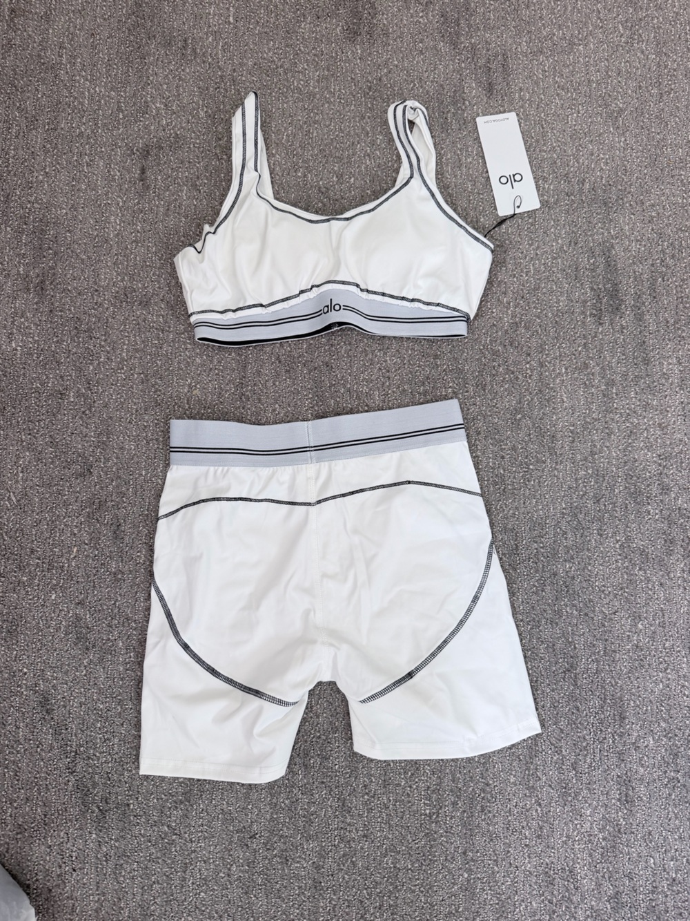 ALO Yoga White Sports Bra and High-Rise Shorts Set with Black Trim - Picture 2 of 2